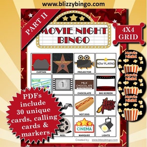 Movie Night (Part II) 4x4 Bingo printable PDFs contain everything you need to play Bingo.