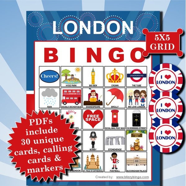 London 5x5 Bingo printable PDFs contain everything you need to play Bingo.