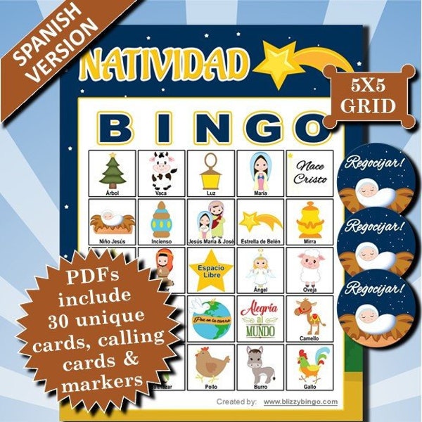 Spanish Natividad 5x5 Bingo printable PDFs contain everything you need to play Bingo.