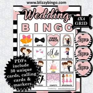 30 Hochzeit 4x4 Bingo Karten (Rosa) | Sofort Download | PDFs + JPEG-Karten zum einfachen Versenden von E-Mails | Calling Cards und Marker inklusive