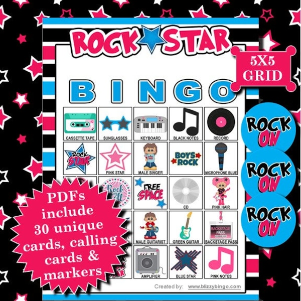 Rock Star 5x5 Bingo printable PDFs contain everything you need to play Bingo.