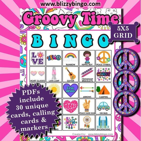 Groovy Time 5x5 Bingo printable PDFs contain everything you need to play Bingo.