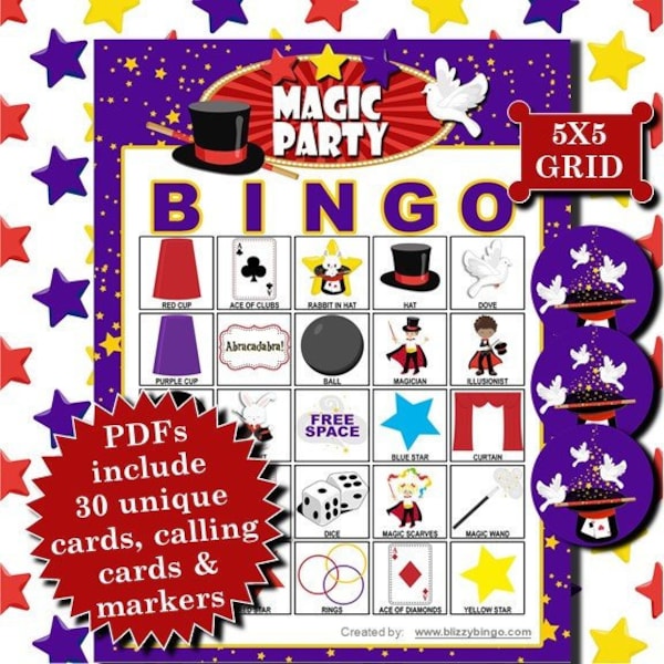 Magic Party 5x5 Bingo printable PDFs contain everything you need to play Bingo.