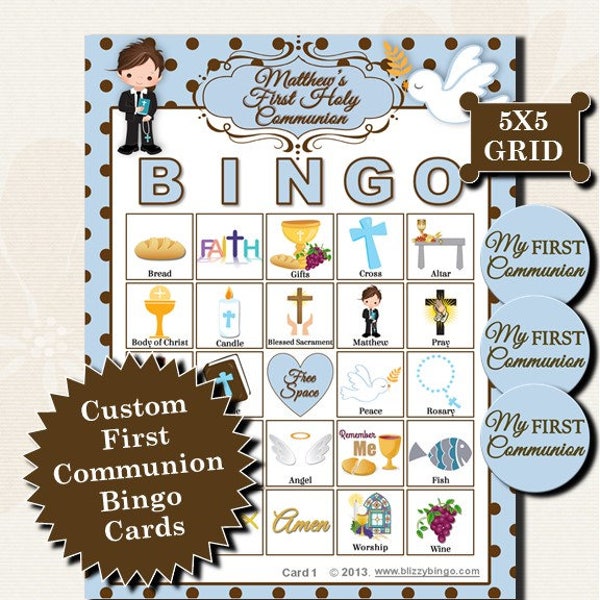 Personalized First Communion (Boy) 5x5 Bingo printable PDFs contain everything you need to play Bingo.