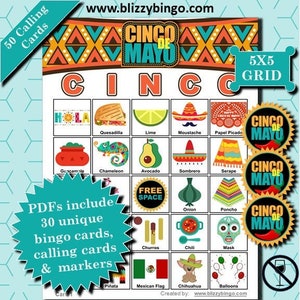 30 cartes de bingo Cinco de Mayo (sans alcool) 5x5 | Téléchargement instantané | PDF pour une impression facile | Cartes de visite et marqueurs inclus