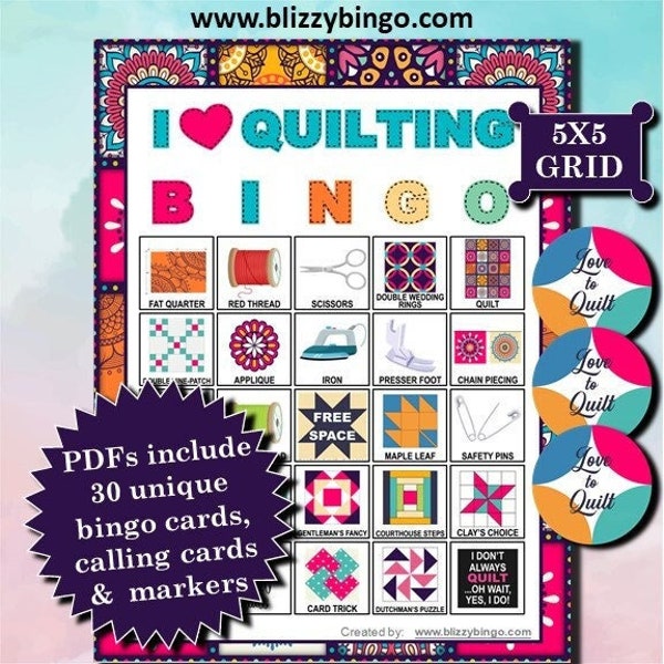 30 Quilting 5x5 Bingo Cards |  Instant Download  |  PDFs for Easy Printing  |  Calling Cards and Markers Included