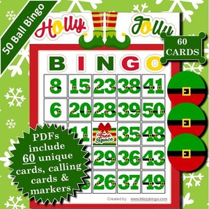 Holly Jolly 50-Ball 60 Card Bingo druckbare PDFs enthalten alles, was Sie zum Spielen von Bingo benötigen.