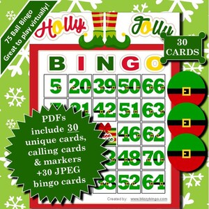Los archivos imprimibles de Holly Jolly Classic 75-Ball 30 Card Bingo contienen todo lo que necesitas para jugar al bingo. ¡Excelente para bingo virtual!