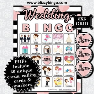 40 Hochzeit 5x5 Bingo Karten (Rosa) | Sofort Download | PDFs + JPEG Karten zum einfachen Versenden | Calling Cards und Marker inklusive