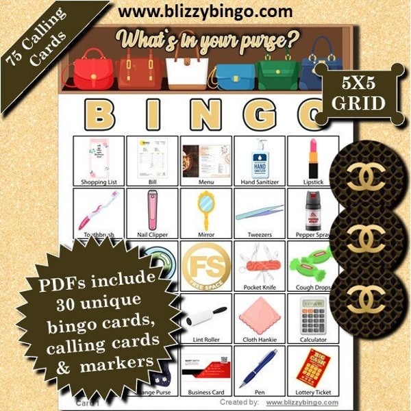 What's in your purse?  |  30 5x5 Bingo Cards |  Instant Download  |  PDFs for Easy Printing  |  Calling Cards and Markers Included