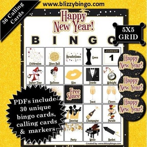 30 cartelle bingo 5x5 di Capodanno / Download immediato / PDF per una facile stampa / Biglietti da visita e pennarelli inclusi