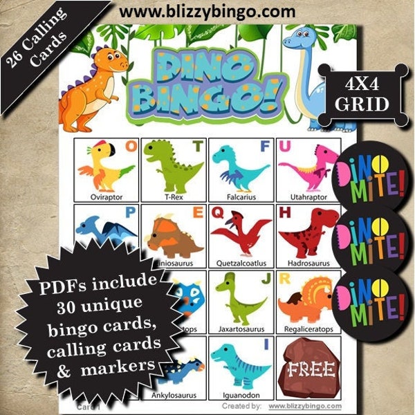 30 Dino Bingo 4x4 Cards  |  Instant Download  |  PDFs for Easy Printing  |  Calling Cards and Markers Included