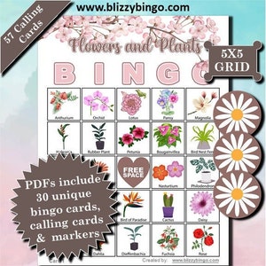 30 Blumen und Pflanzen 5x5 Bingo Karten | Sofort Download | PDFs zum einfachen Drucken | Calling Cards und Marker inklusive