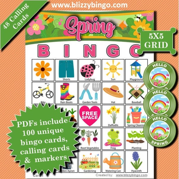 100 cartes de bingo printemps 5x5 | Téléchargement instantané | PDF pour une impression facile | Cartes de visite et marqueurs inclus