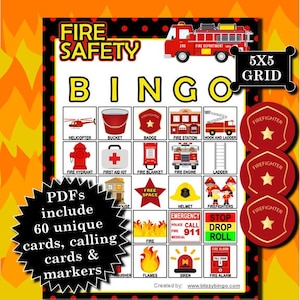 60 cartes de bingo de sécurité incendie 5x5 | Téléchargement instantané | PDF pour une impression facile | Cartes de visite et marqueurs inclus