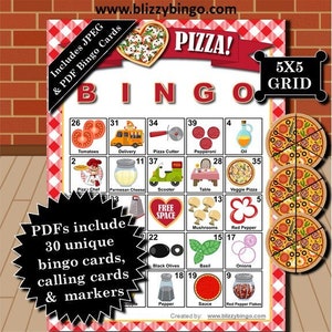 30 Pizza Party + Números 5x5 Cartões de Bingo | Download instantâneo | Cartões PDFs + JPEG para envio fácil por e-mail | Cartões telefônicos e marcadores incluídos