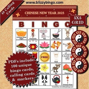 100 cartes de bingo 5 x 5 Nouvel an chinois 2025 |  Téléchargement instantané |  PDF pour une impression facile |  Cartes de visite et marqueurs inclus