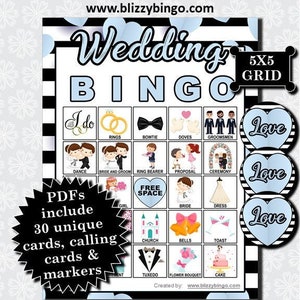 30 Hochzeit 5x5 Bingo Karten (Blau) | Sofort Download | PDFs + JPEG-Karten zum einfachen Versenden von E-Mails | Calling Cards und Marker inklusive