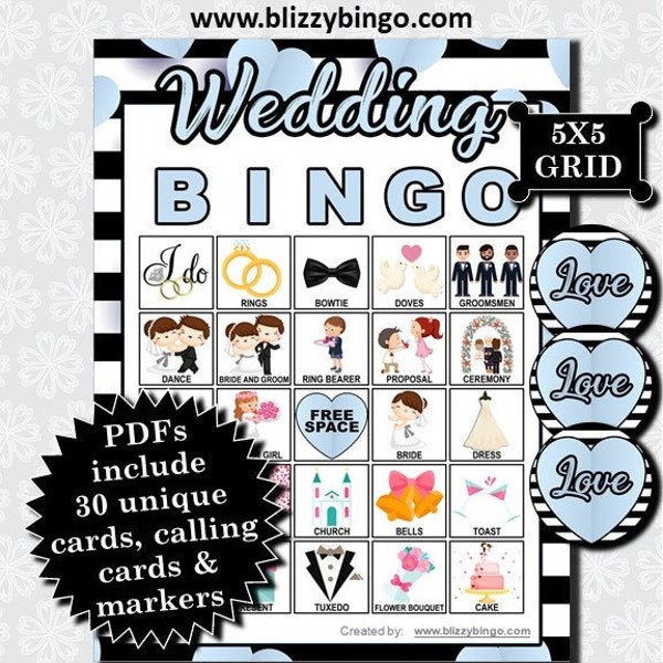 30 Wedding 5x5 Bingo Cards (Blue)  |  Instant Download  |  PDFs + JPEG Cards for Easy Emailing  |  Calling Cards and Markers Included