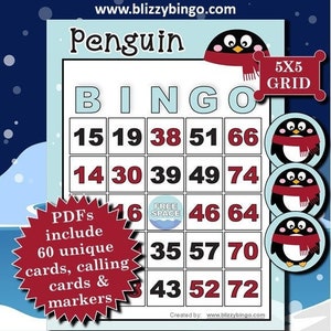 60 Pinguin 5x5 Bingo Karten | Sofort Download | PDFs zum einfachen Drucken | Calling Cards und Marker inklusive