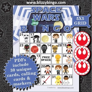 May include: A Star Wars themed bingo card with a 5x5 grid. The card features images of characters and objects from the Star Wars movies. The card is designed for a game of bingo. The text on the card reads "Space Wars Bingo" and "5x5 Grid".