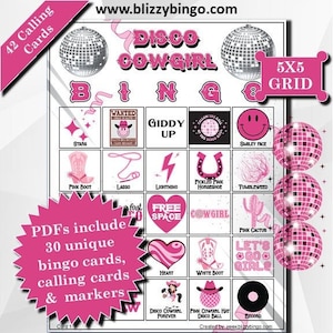 30 Tarjetas de Bingo Disco Cowgirl 5x5 / Descarga Instantánea / PDF para Fácil Impresión / Tarjetas de Llamada y Marcadores Incluidos