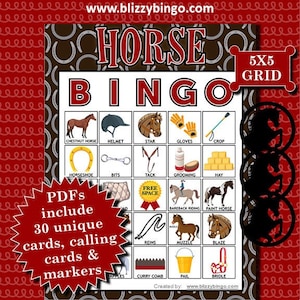 30 Horse 5x5 Bingo Cards (Horseshoe)  |  Instant Download  |  PDF Files U-Print  |  Calling Cards and Markers Included
