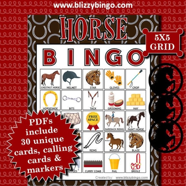 30 Horse 5x5 Bingo Cards (Horseshoe)  |  Instant Download  |  PDF Files U-Print  |  Calling Cards and Markers Included