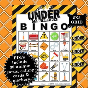 May include: A printable 5x5 bingo card with an under construction theme. The card features images of construction tools and equipment, such as a toolbox, screwdriver, wheelbarrow, and paint roller. The card also includes the text "Under Construction Bingo" and "5x5 Grid".