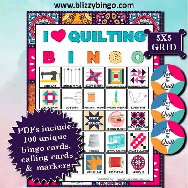 100 Quilting 5x5 Bingo Cards |  Instant Download  |  PDFs for Easy Printing  |  Calling Cards and Markers Included