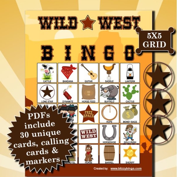 Wild West 5x5 Bingo printable PDFs contain everything you need to play Bingo.
