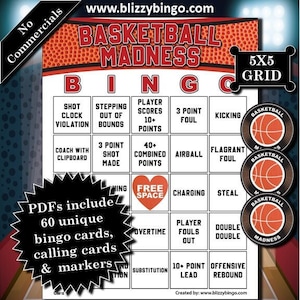 60 cartas de bingo Basketball Madness 5x5 (sem comerciais) | Download instantâneo | PDFs para impressão fácil | Cartões telefônicos e marcadores incluídos