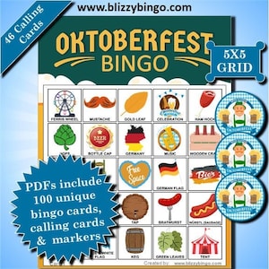 100 Oktoberfest 5x5 Bingo Cards |  Instant Download  |  PDFs  |  Calling Cards and Markers Included