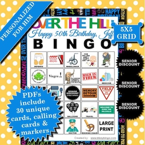 Personalized Over the Hill (Male) 5x5 Bingo printable PDFs contain everything you need to play Bingo.