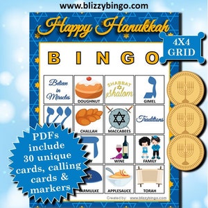 Les PDF imprimables Happy Hanukkah 4x4 Bingo contiennent tout ce dont vous avez besoin pour jouer au Bingo.