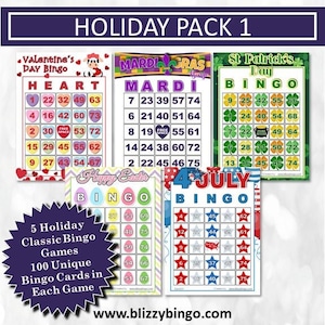 Urlaubspaket 1 |  100 Bingo Karten je |  Valentinstag - Mardi Gras - St. Patrick es Day - Ostern - 4. Juli |  PDFs zum einfachen Drucken