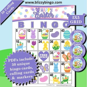May include: A purple and pink bingo card with a 5x5 grid featuring Easter-themed images like bunnies, chicks, jelly beans, and baskets. The card is titled "Happy Easter Bingo" and includes a free space. The text "PDFs include 30 unique bingo cards, calling cards & markers" is in a purple starburst.