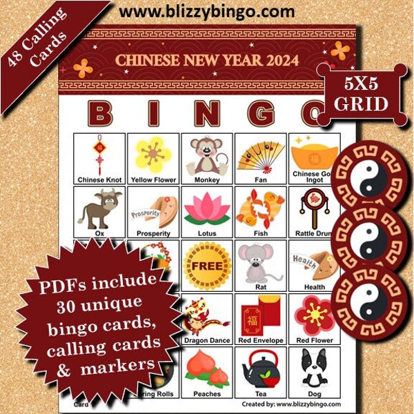 30 Chinese New Year 2024 5x5 Bingo Cards |  Instant Download  |  PDFs for Easy Printing  |  Calling Cards and Markers Included