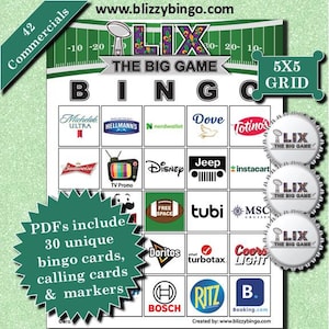 30 tarjetas de bingo de 5 x 5 para anuncios comerciales de Big Game 2025 / Descarga instantánea / Archivos PDF para imprimir fácilmente / Tarjetas de presentación y marcadores incluidos