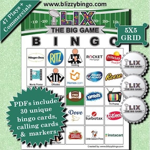 30 Big Game 2025 Commercials + Plays 5x5 Bingo Cards | Download instantâneo | PDFs para impressão fácil | Cartões de visita e marcadores incluídos