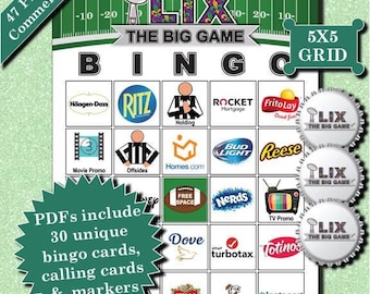 30 Big Game 2025 Commercials + Plays 5x5 Bingo Cards  |  Instant Download  |  PDFs for Easy Printing  |  Calling Cards & Markers Included