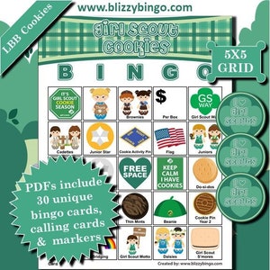 30 Girl Scout 2024 LBB Cookies 5x5 bingokaarten | Direct downloaden | PDF's voor eenvoudig afdrukken | Telefoonkaarten en markeringen inbegrepen
