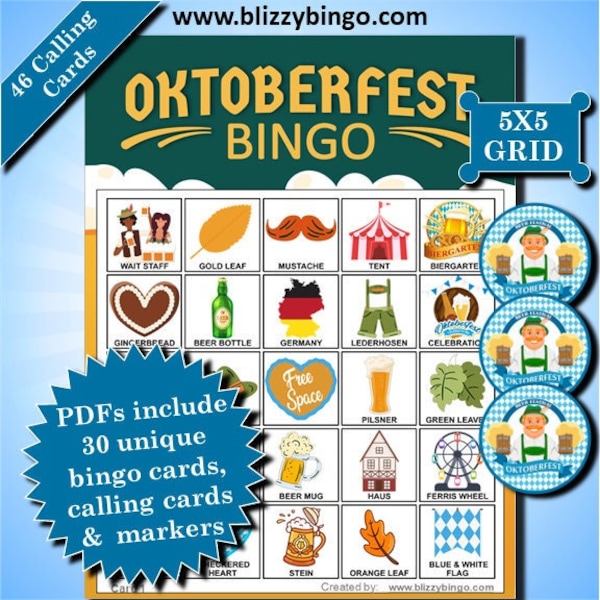 30 Oktoberfest 5x5 Bingo Cards |  Instant Download  |  PDFs  |  Calling Cards and Markers Included