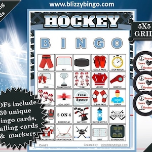 30 cartes de bingo Hockey 5x5 | Téléchargement instantané | PDF pour une impression facile | Cartes de visite et marqueurs inclus