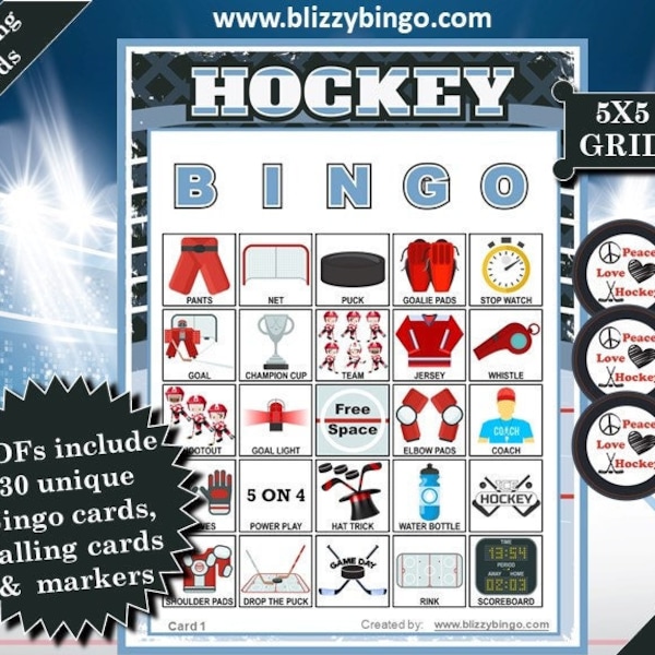 30 Hockey 5x5 Bingo Cards |  Instant Download  |  PDFs for Easy Printing  |  Calling Cards and Markers Included