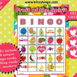 30 Tarjetas de Bingo Fruit of the Spirit 5x5 / Descarga instantánea / Archivos PDF para una fácil impresión / Tarjetas telefónicas y marcadores incluidos
