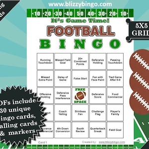 30 Football 5x5 Bingo Cards |  Instant Download  |  PDFs for Easy Printing  |  Calling Cards and Markers Included