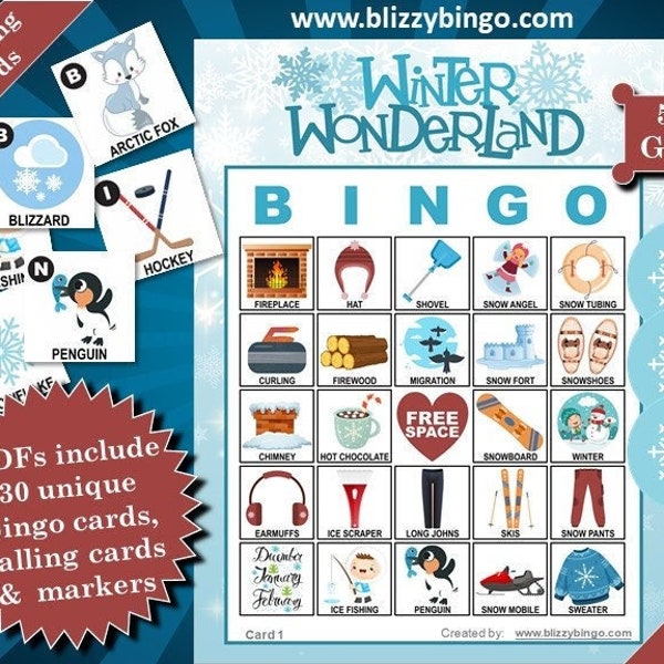 30 Winter Wonderland 5x5 Bingo Cards |  Instant Download  |  PDFs for Easy Printing  |  Calling Cards and Markers Included