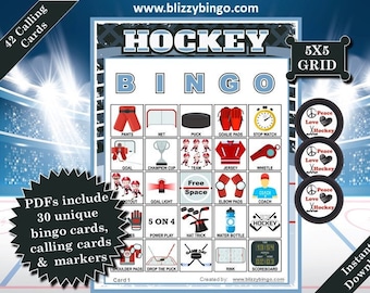 30 Hockey 5x5 Bingo Cards |  Instant Download  |  PDFs for Easy Printing  |  Calling Cards and Markers Included