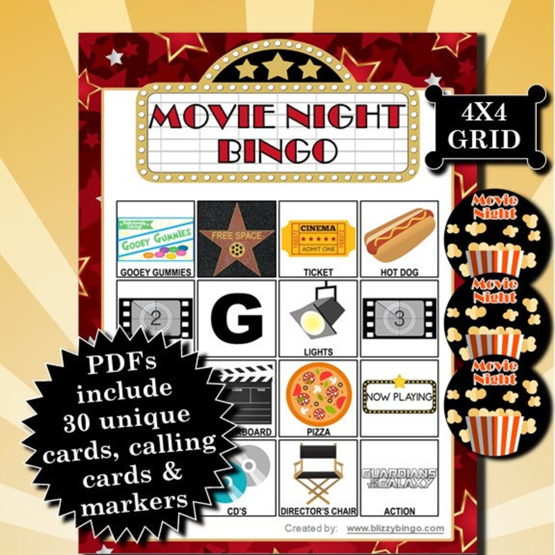 Movie Night 4x4 Bingo Printable Pdfs Contain Everything You Need to ...